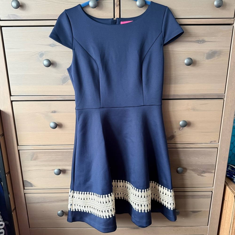 Lilly Pulitzer Klara Scuba Dress Fit & Flare Navy and Gold Size 10